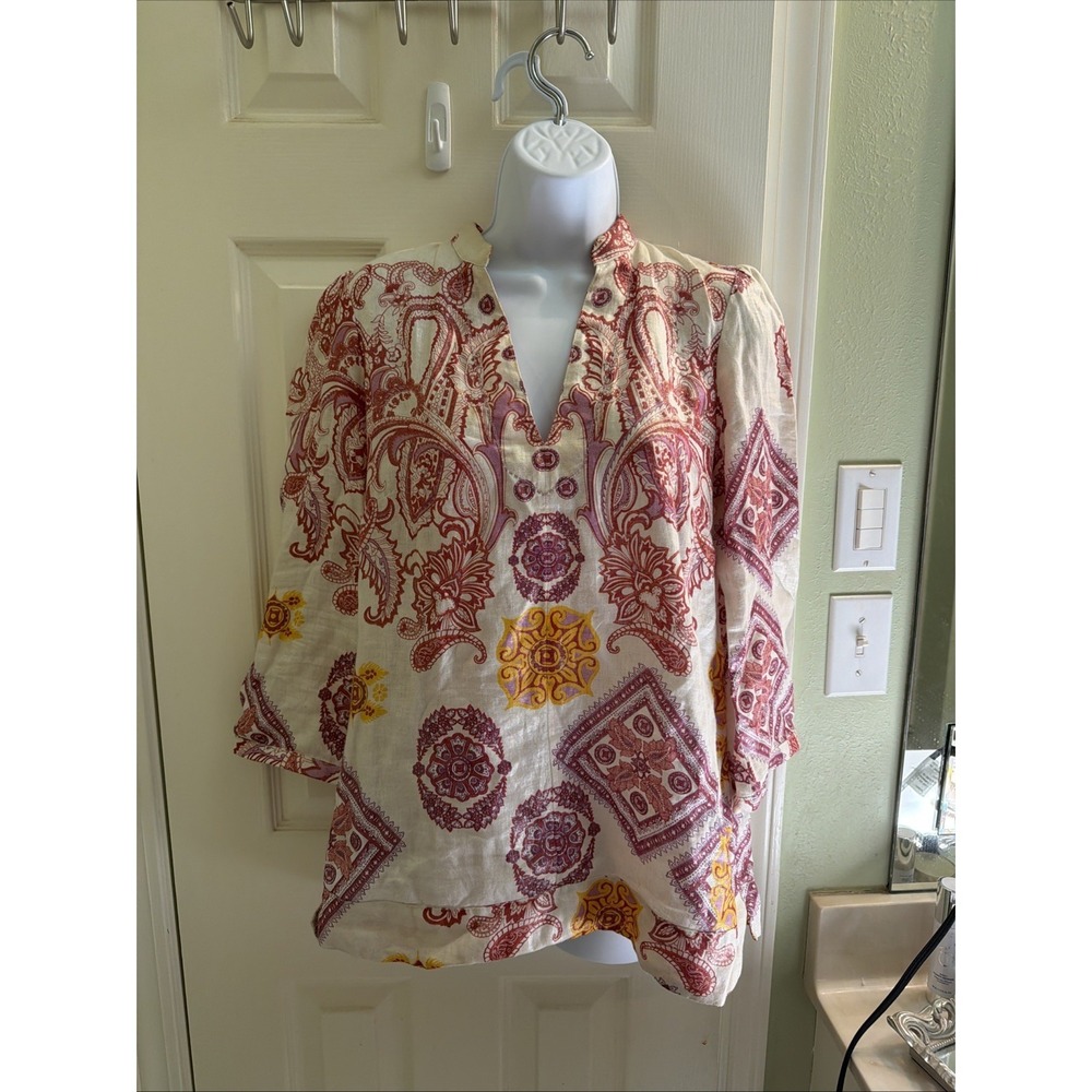 Robert Graham Women's Linen Tunic Blouse Sz Sm Paisley Medallion Indian